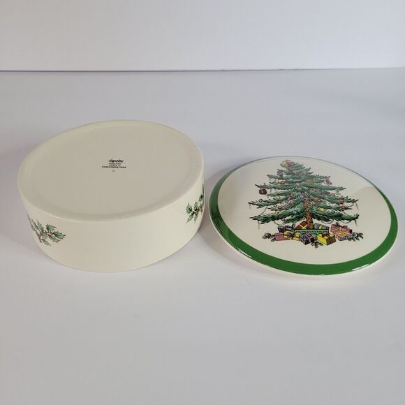 Green White Spode Christmas Tree Porcelain Round 5” Trinket Powder Box England - Picture 14 of 14